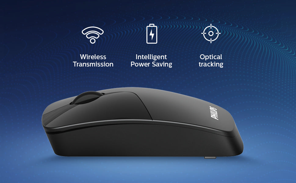 Philips M402 Wireless Mouse in black color, showcasing the side profile with emphasis on wireless transmission, intelligent power saving, and optical tracking features.